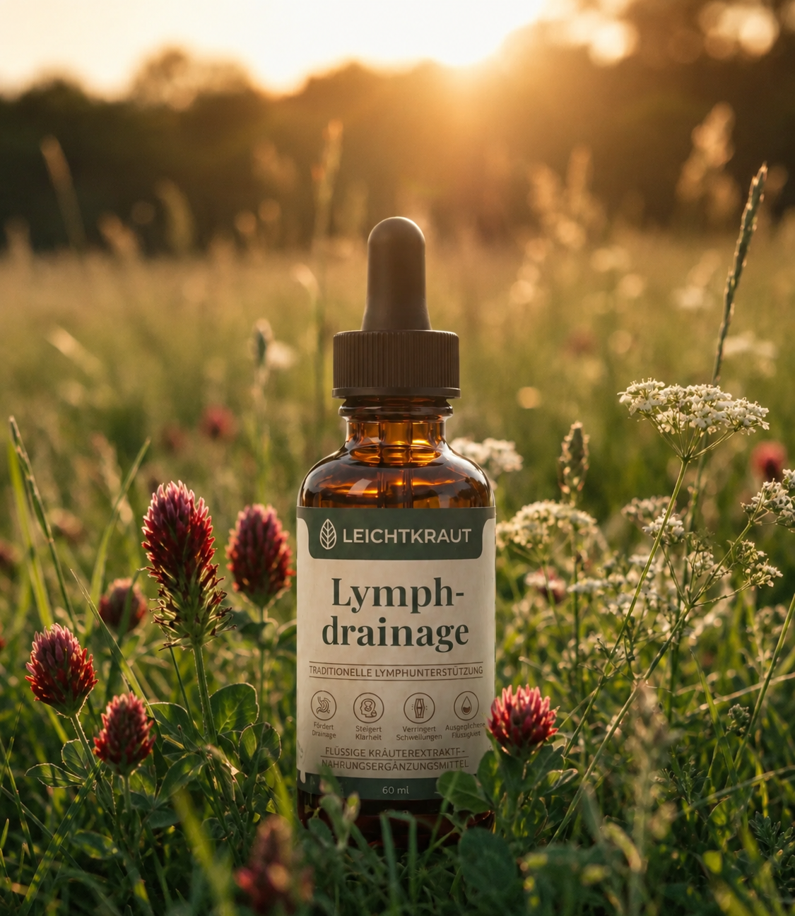 Leichtkraut Lymphdrainage Tropfen auf einer Kräuterwiese